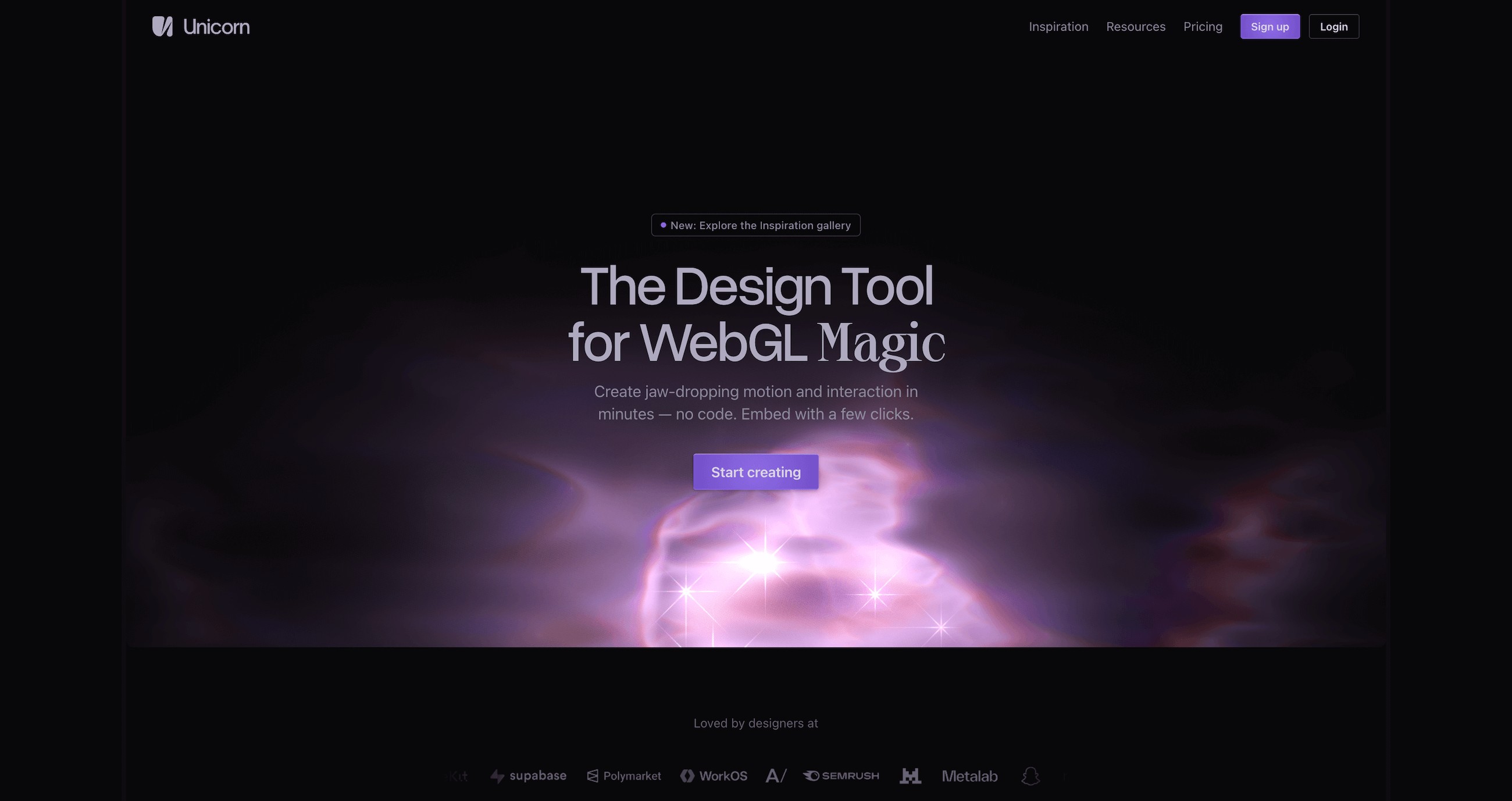 Unicorn Studio WebGL design tool interface homepage
