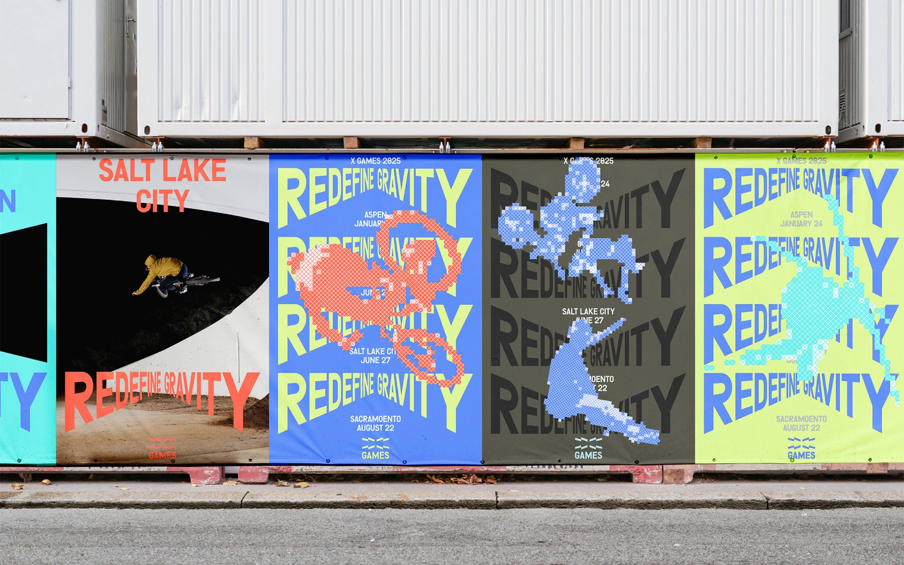 X Games rebrand outdoor billboard mockups showing Redefine Gravity campaign by Gwen Geng