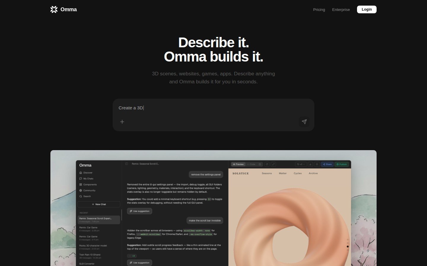 Omma AI canvas interface showing 3D interactive website builder