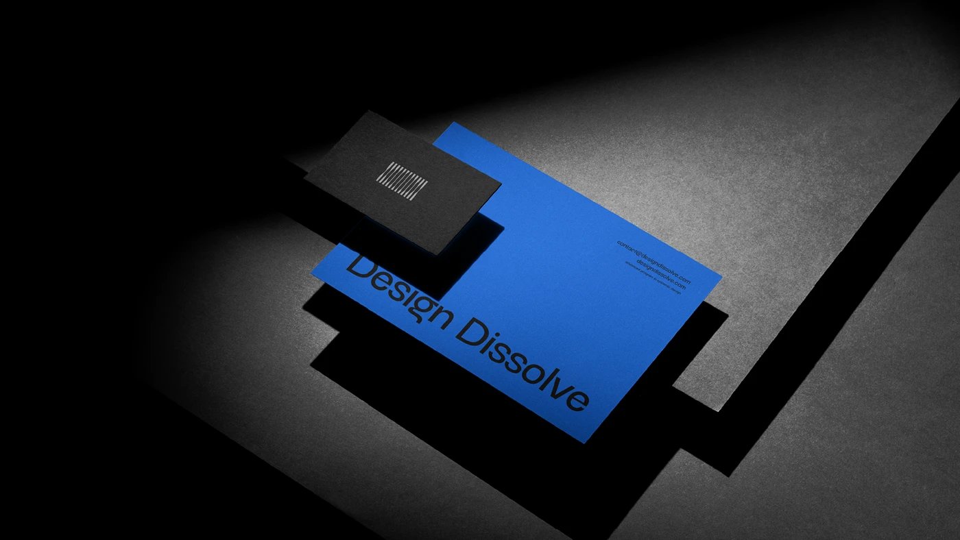 Design Dissolve brand identity stationery and dark business card mockup — brand identity