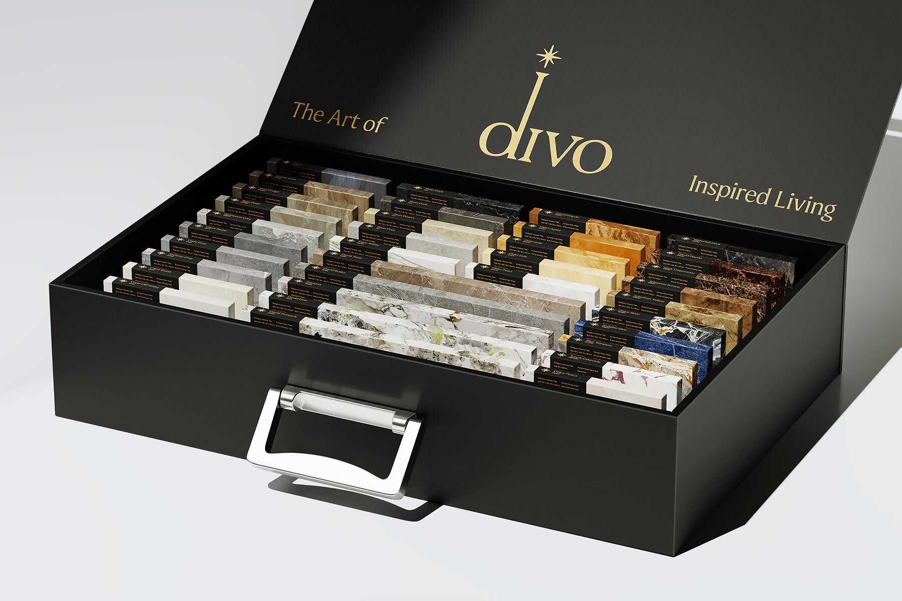 Divo Ceramica brand identity — branded ceramic tile sample kit for client presentations