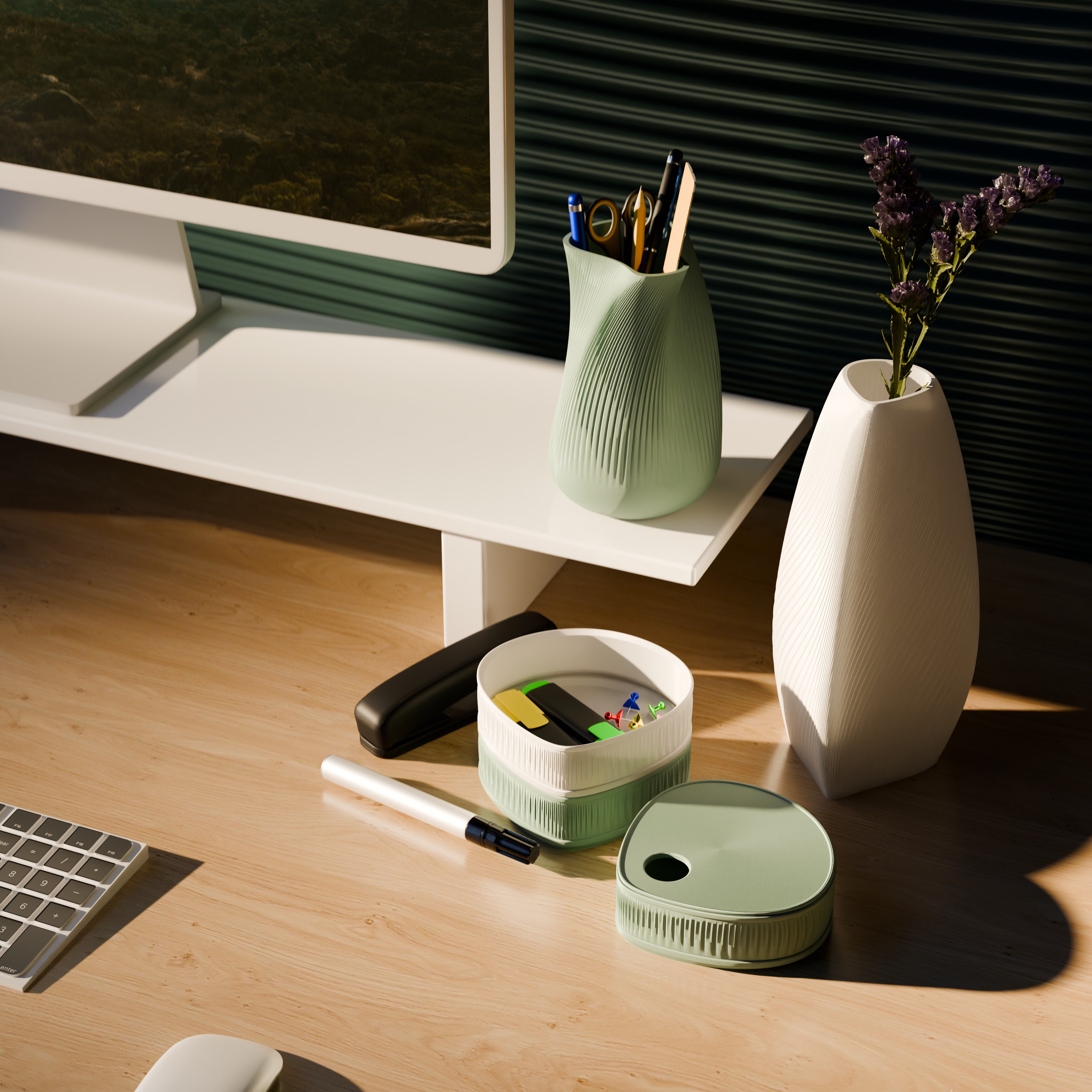 3D printed desk accessories - Flowline Collection styled desk scene