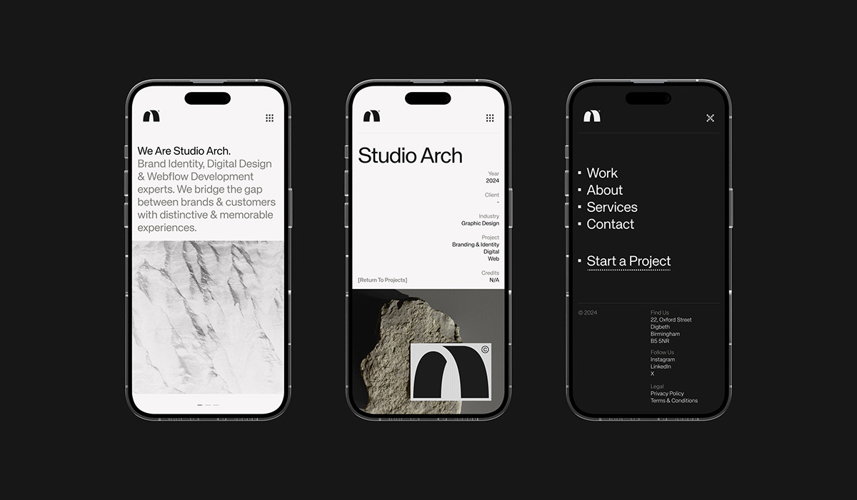 Studio Arch brand identity mobile interfaces on dark background