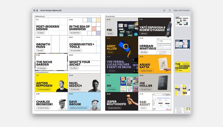 Niche design zine spread with editorial content about independent design