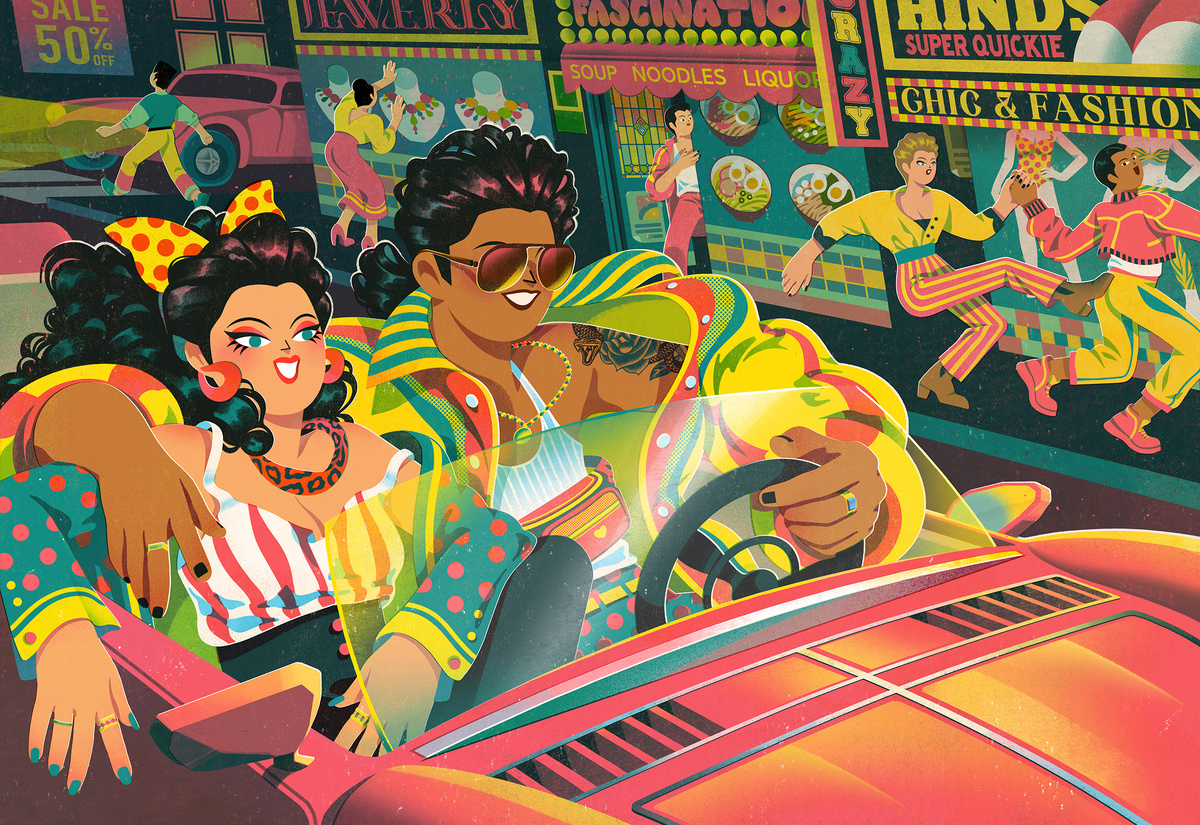 Peilin Li illustration 1980s New York pink convertible on neon streets with bold fashion