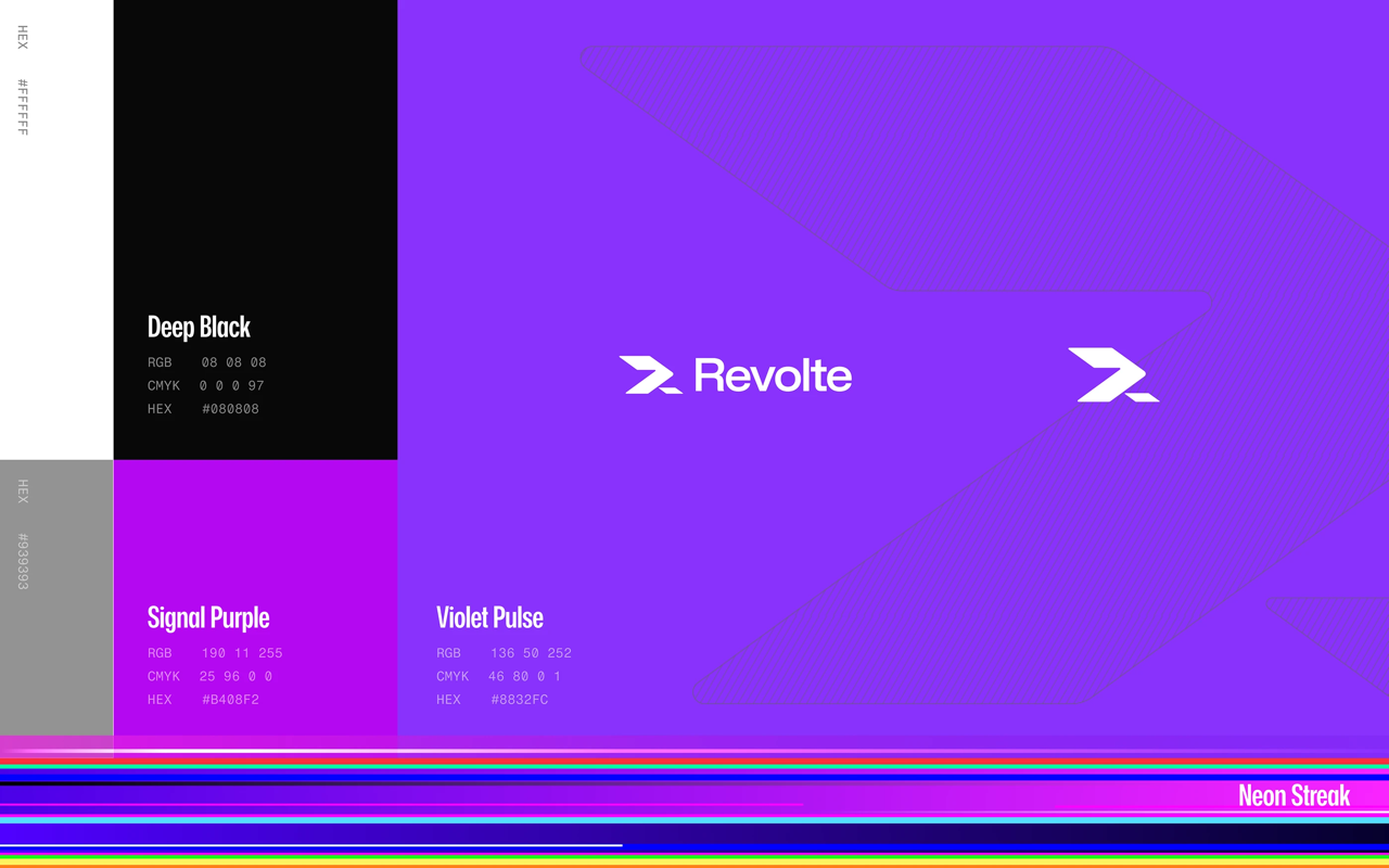 Revolte AI branding — geometric chevron logomark on dark background