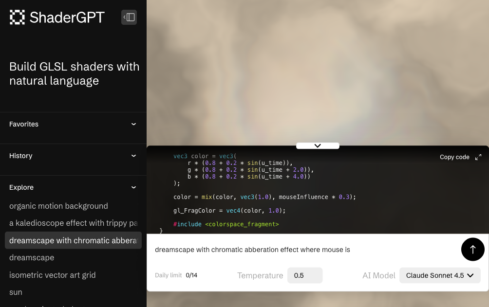 ShaderGPT AI shader generator dreamscape chromatic aberration