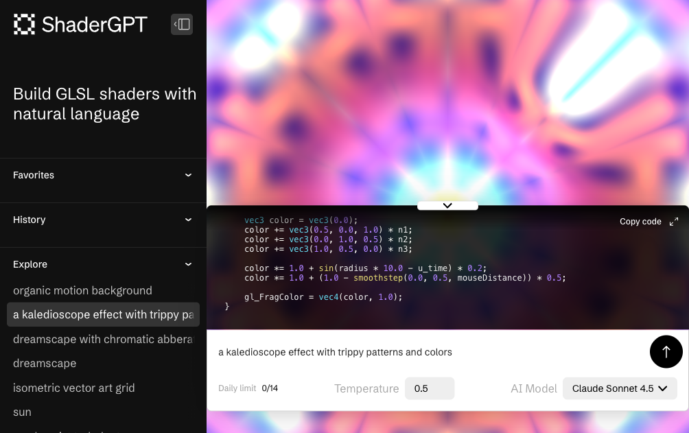 ShaderGPT AI shader generator kaleidoscope effect with trippy patterns