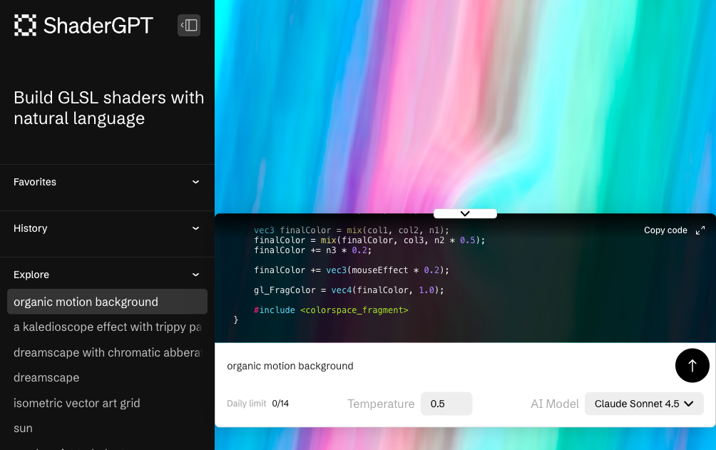 ShaderGPT AI shader generator interface showing organic motion background