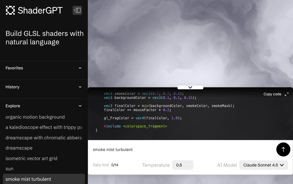 ShaderGPT AI shader generator smoke mist turbulent shader