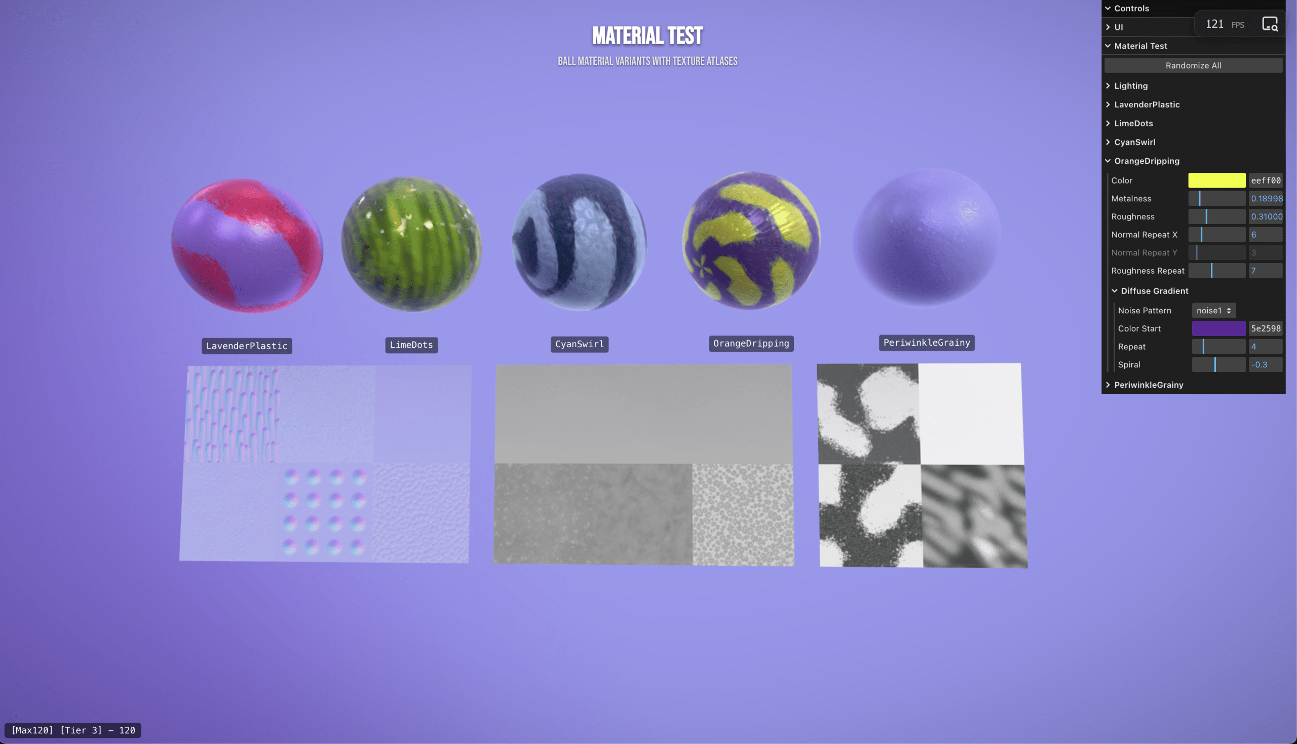Three.js conference website texture atlas and material configuration screenshot