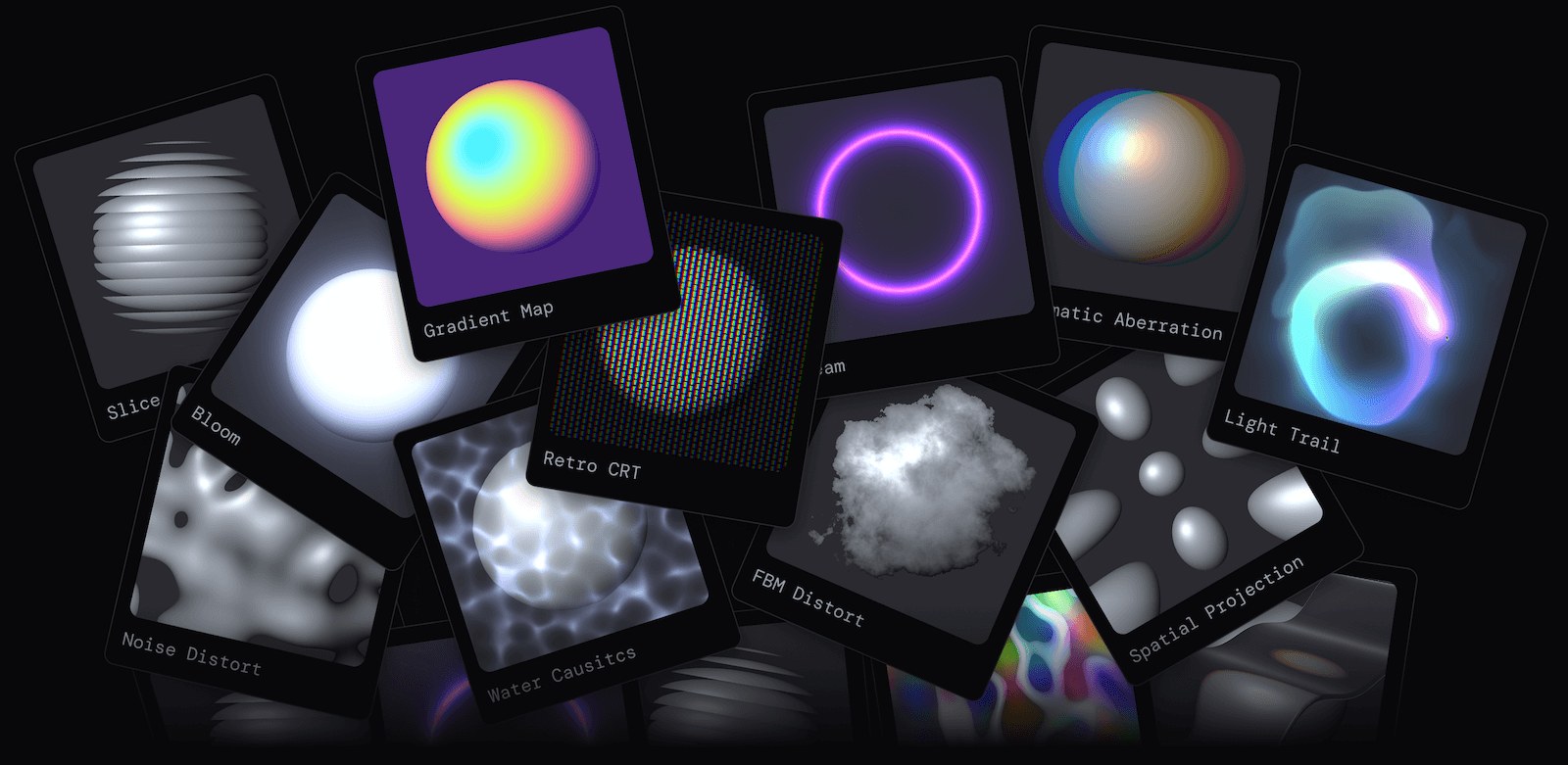 Unicorn Studio WebGL design tool showing 70+ shader effects library