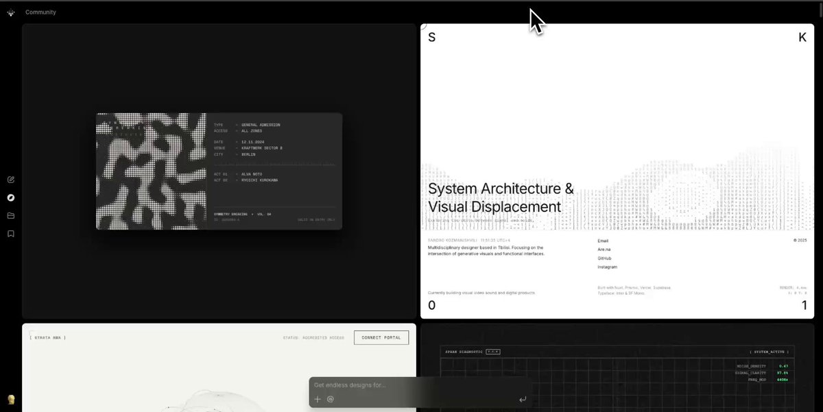Variant AI design tool community gallery showing diverse generated UI designs