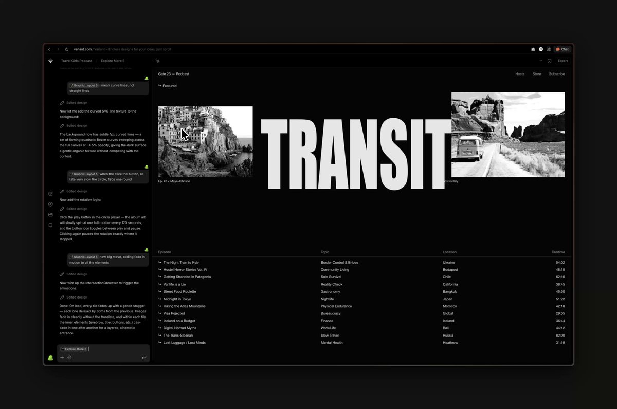 Variant AI design tool generating a TRANSIT podcast website with bold editorial typography