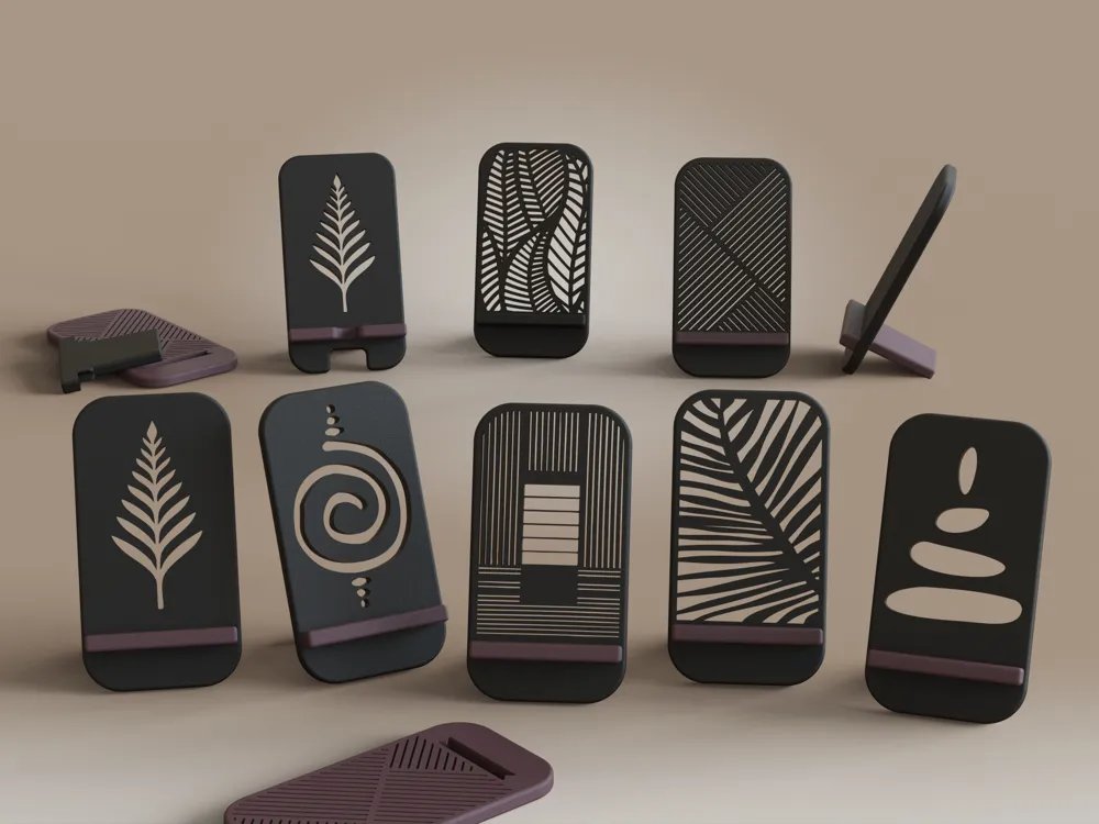 3D printed desk accessories - Zen Designs phone holder with nature-inspired patterns