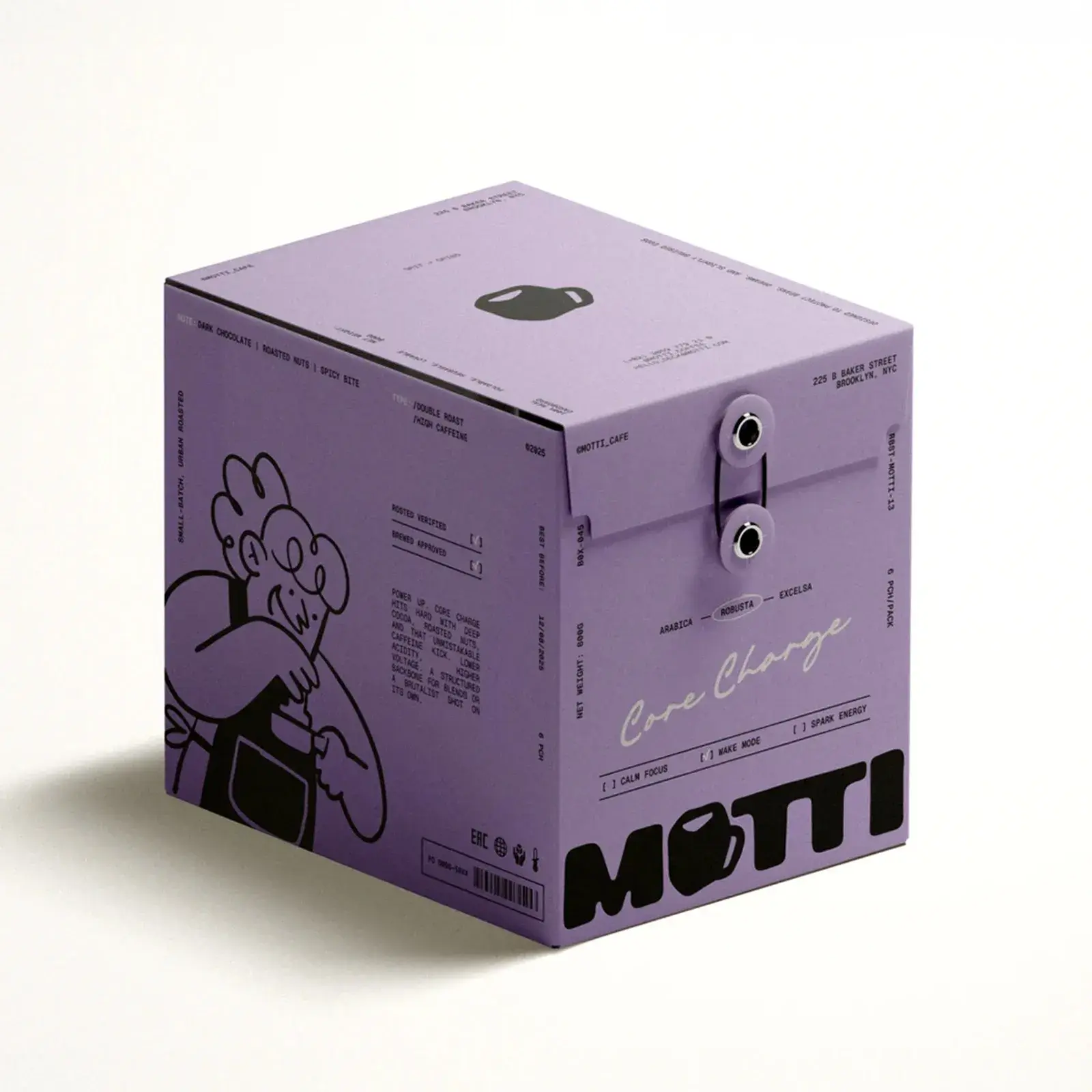 Cafe branding visual identity system by Studio Moara with logo, mascot, and packaging