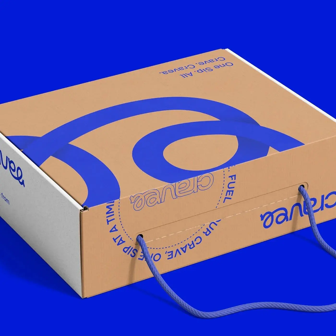 CRAVEA coffee brand identity packaging design cobalt blue wordmark system
