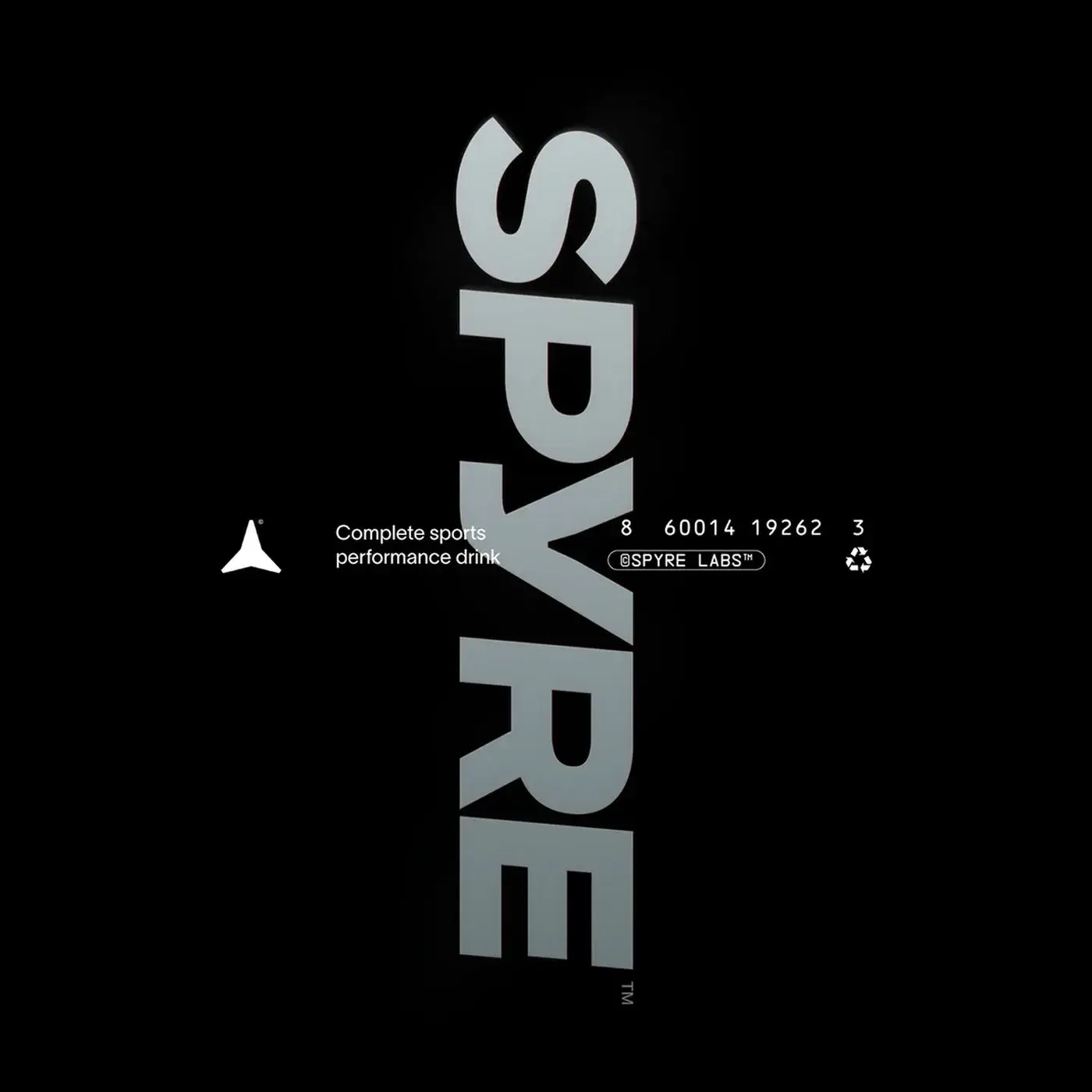 SPYRE sports drink packaging brand identity design — transparent bottle with near-colorless liquid by Hello Comrade
