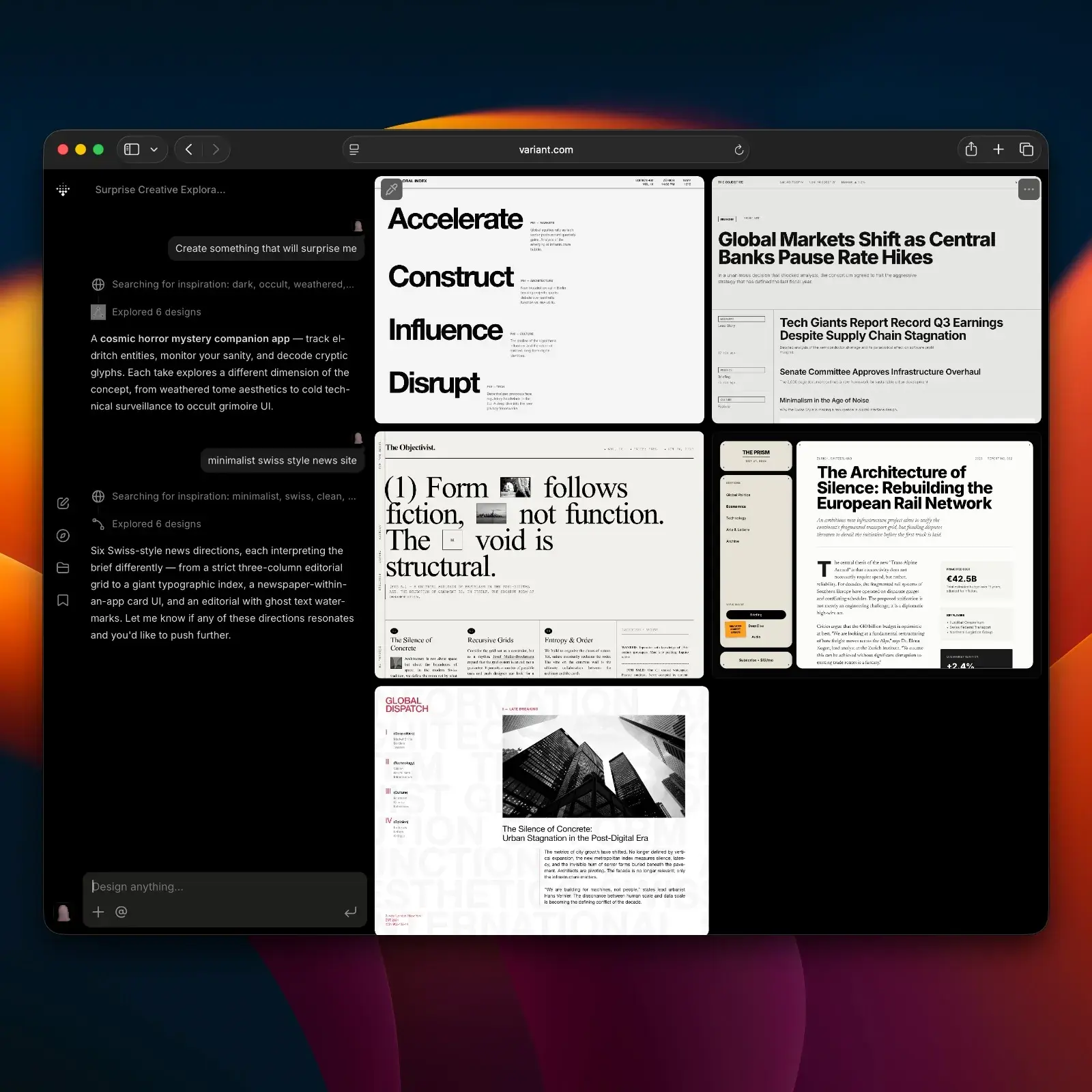 Variant AI design tool Style Dropper showing three different UI design variations
