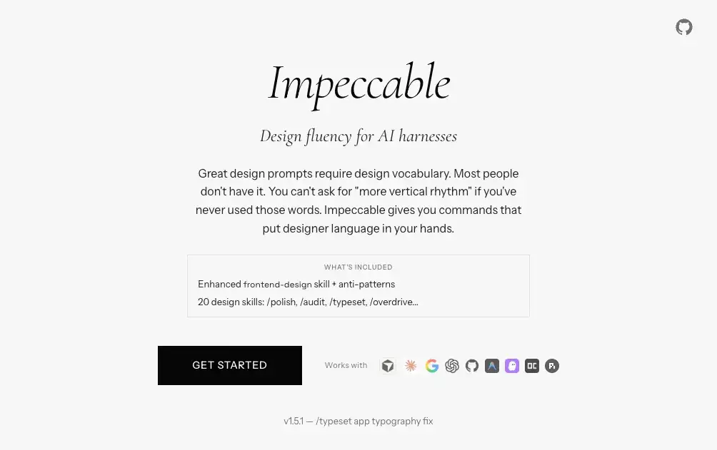 Impeccable AI design skill homepage — design fluency for AI coding assistants