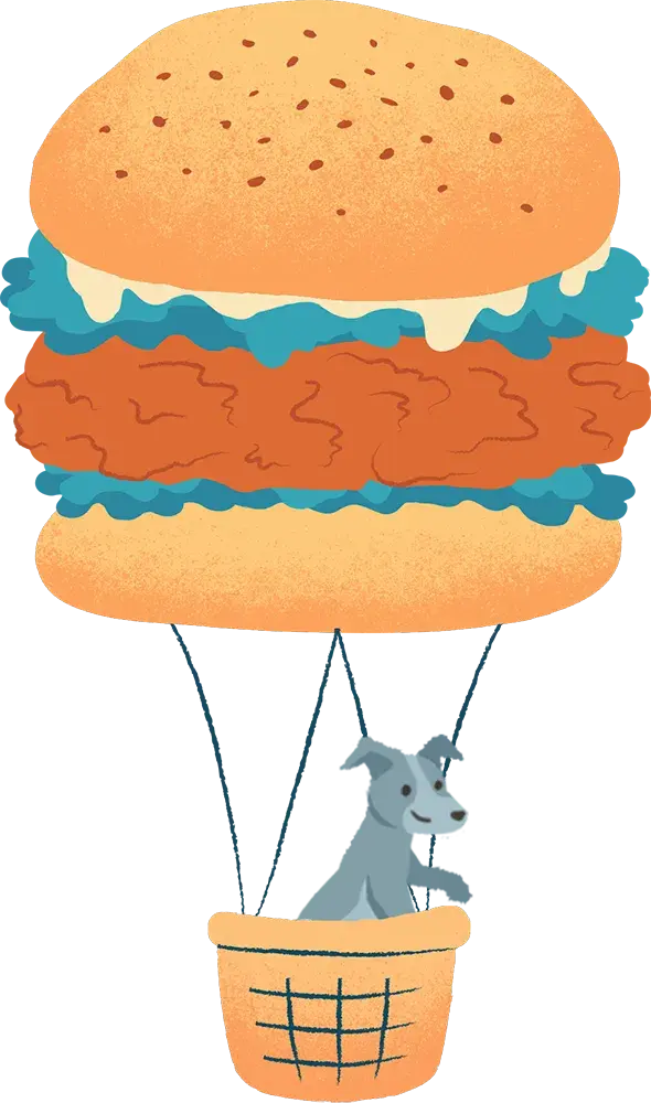 Wonderful World of Treats dog treat packaging by Fishfinger — burger balloon illustration with schnauzer over teal hills