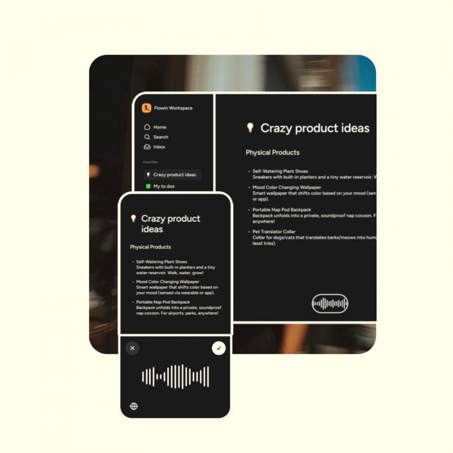 Wispr Flow voice dictation app dark floating overlay UI transforming speech to polished text