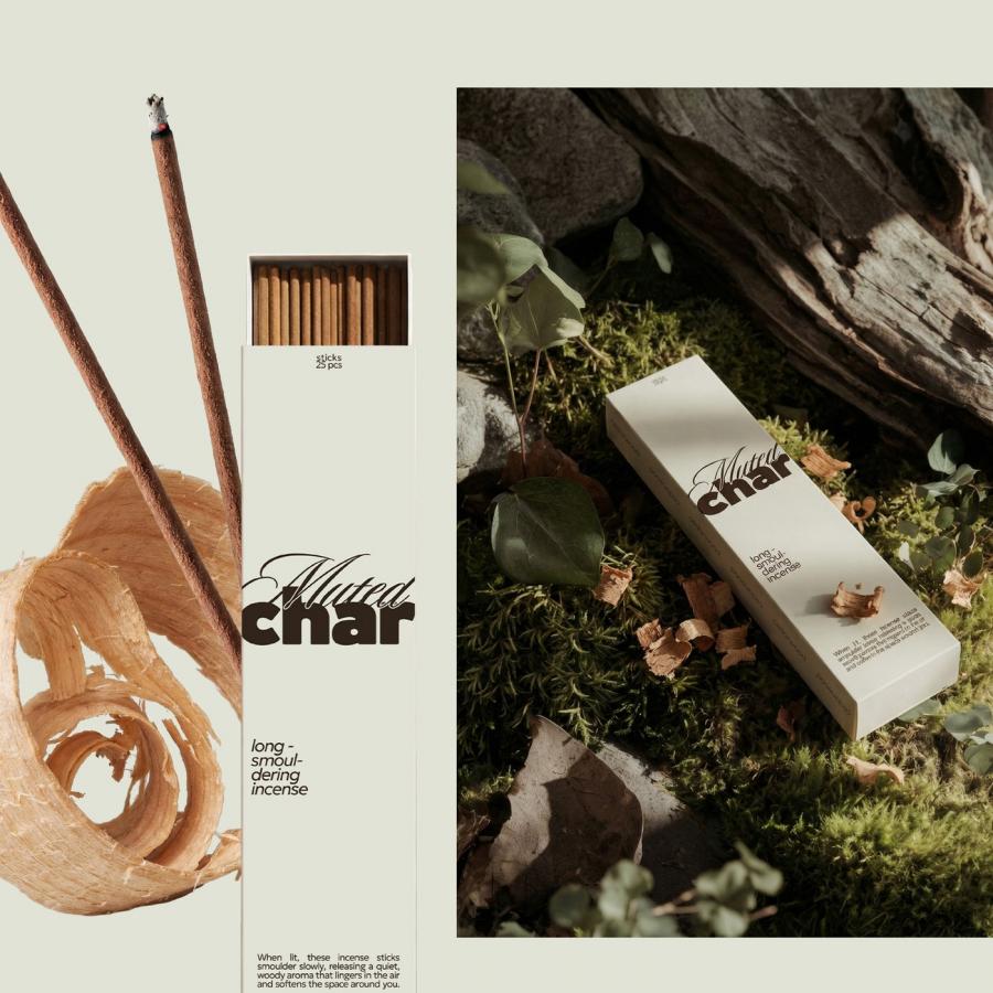 Muted Char minimal incense brand packaging design logotype on paper stick box