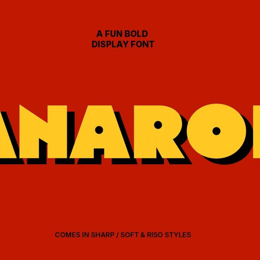 ATF Manarola font wordmark in oversized yellow letters with black extrusion shadow on deep red background, Arkitype Foundry presentation slide