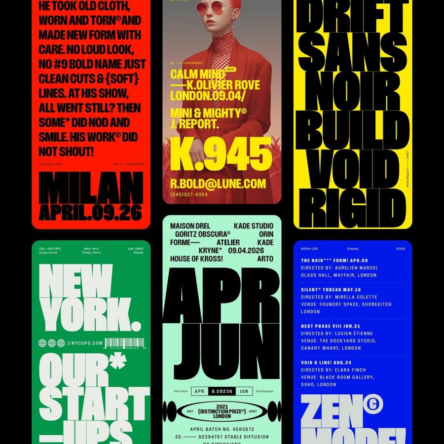 Million condensed display typeface variable font design 2026 — black on black opening specimen