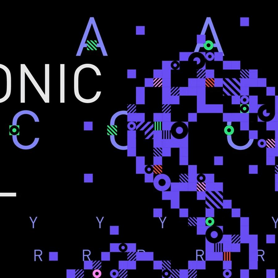 SKAZKA music festival brand identity cover — kinetic letterforms dissolving into pixel grid on black