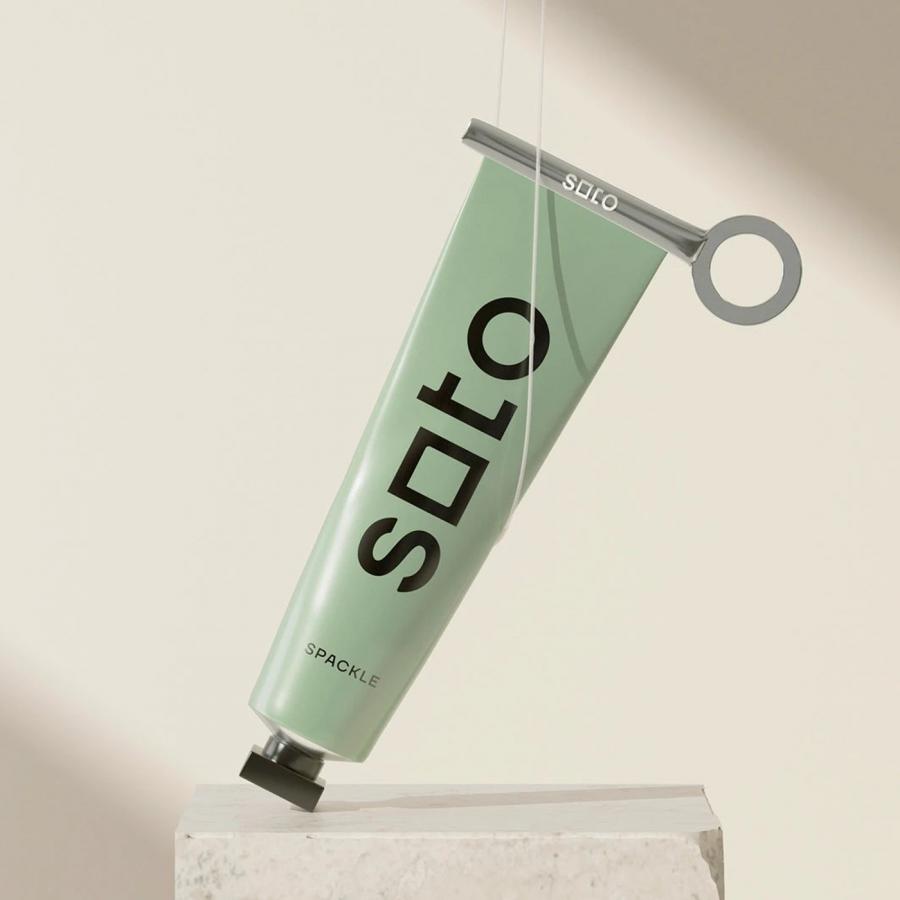Soto branding wordmark in dark charcoal on sage green — first 'o' as a square, last 'o' as a circle